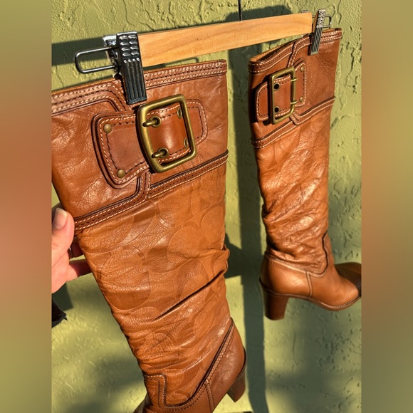 Coach Brown Leather embossed Knee-High Boots - Picture 2 of 10